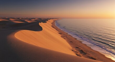 Desert dunes meet ocean at sunset.  Golden sand dunes curve towards a beach, where waves gently lap at the shore.  Vibrant colors of the fading sun paint the sky