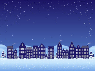 A winter night scene featuring a charming row of old-style houses softly illuminated against a deep blue sky, while delicate snowflakes sparkle in the night air.