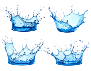 Four isolated blue liquid crown splashes against a black background