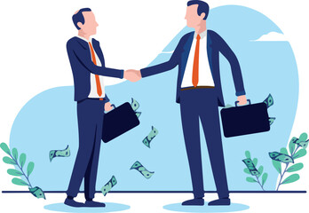 Business handshake illustration with two businessmen shaking hands over profitable deal and agreement. Flat design vector with white background.