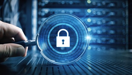 Intense focus on a vibrant padlock icon through a magnifying glass, set against a dynamic digital landscape with binary code and server racks, concept for cybersecurity, data protection and privacy.