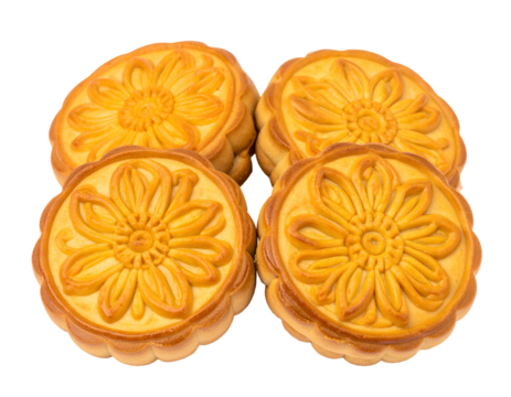 Four golden pastries with intricate flower patterns on top, edible - Powered by Adobe