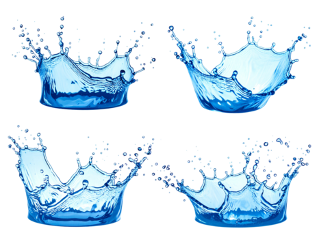 Four isolated blue liquid crown splashes against a black background