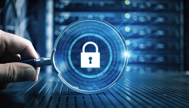 Intense focus on a vibrant padlock icon through a magnifying glass, set against a dynamic digital landscape with binary code and server racks, concept for cybersecurity, data protection and privacy.