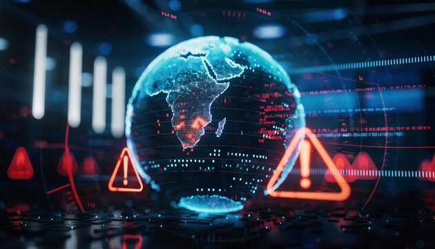 Glowing digital Earth globe surrounded by data and red warning signs, concept for cybersecurity, global risk assessment and data protection.