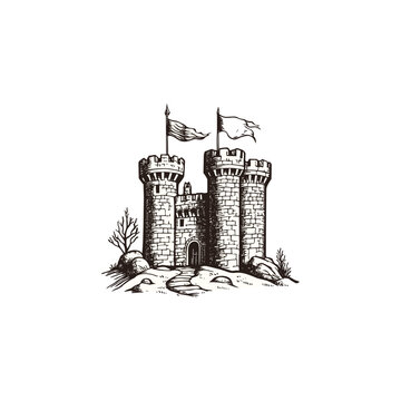 hand-drawn vintage engraving or woodcut illustration of a medieval stone castle or fortress, featuring three tall towers with battlements and two flags flying