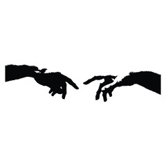 Black and white vector illustration of two human hands reaching out to each other in classic vintage style