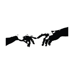 Black and white vector illustration of two human hands reaching out to each other in classic vintage style