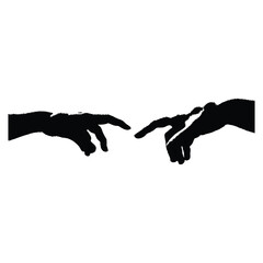 Black and white vector illustration of two human hands reaching out to each other in classic vintage style