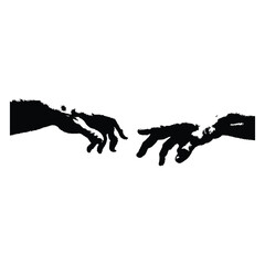 Black and white vector illustration of two human hands reaching out to each other in classic vintage style