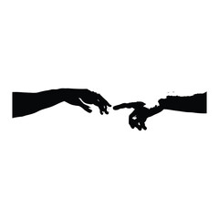 Black and white vector illustration of two human hands reaching out to each other in classic vintage style