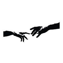 Black and white vector illustration of two human hands reaching out to each other in classic vintage style
