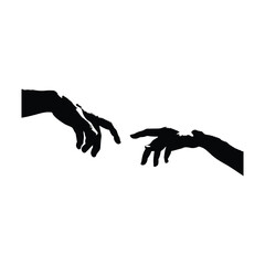 Black and white vector illustration of two human hands reaching out to each other in classic vintage style
