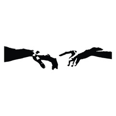 Black and white vector illustration of two human hands reaching out to each other in classic vintage style