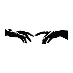 Black and white vector illustration of two human hands reaching out to each other in classic vintage style