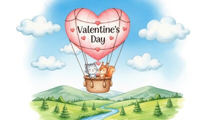 Whimsical pink heart shaped hot air balloon with valentine s day message floating over green hills and river isolated on white background