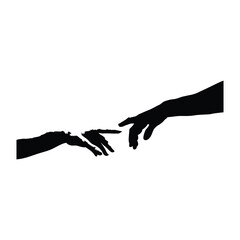 Black and white vector illustration of two human hands reaching out to each other in classic vintage style