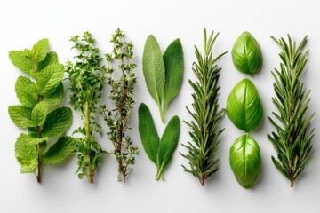 Fresh herbs neatly arranged on white background, close-up shot. Use this for cooking blogs or natural medicine publications.