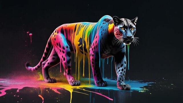 Colorful Neon Panther with Liquid Paint Drip on Dark Background