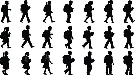 Schoolchildren silhouette collection, walking kids, student posture, backpack, book carrying, black figures, education, classroom, learning, children,