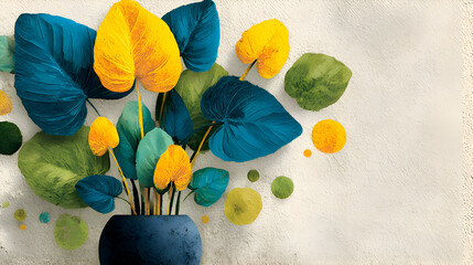 Abstract Colorful Plant in Dark Blue Vase Against Textured Background