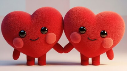 Two adorable plush red heart characters holding hands with cute faces isolated on white background