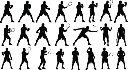 Silhouette collection of dynamic tennis player poses showing action, movement, fitness, racket sports training, athletic performance and competitive match activities