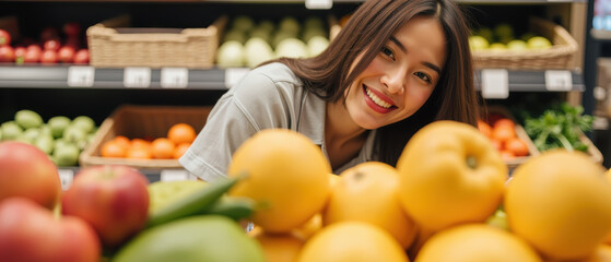 Fresh fruits, vibrant colors, smiling woman, grocery store, healthy lifestyle, shopping experience