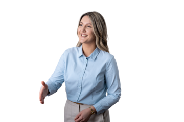 Smiling businesswoman offering handshake greeting on transparent background