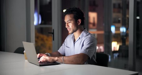 Night, typing or man with laptop for planning, drinking coffee or monitor investment performance. Late research, forecast report or financial analyst with caffeine for energy, stocks strategy or tech - Powered by Adobe