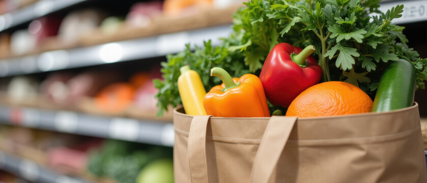 Fresh vegetables and fruits in reusable bag, showcasing vibrant colors and healthy choices in grocery store