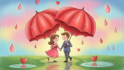 Couple holding hands under red umbrellas in the rain with hearts falling isolated on white background