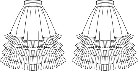 hand-drawn layered ruffle skirt illustration, vintage fashion design, pleated frills, elegant flared silhouette, apparel outline, textile concept, sewing pattern graphic, classic style artwork