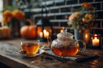 Glass teapot, cup of tea, anise star and pumpkins on wooden table. Use to illustrate fall, cozy home, Thanksgiving, or healthy living.