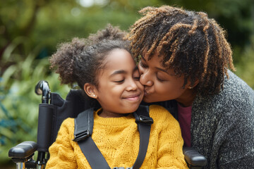Happy candid mixed race mother and disabled child in a wheelchair spending time together in a park playground. Supportive inclusive family with handicapped children. Inclusion & diversity