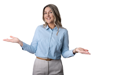 Businesswoman shrugging with open hands showing welcome gesture