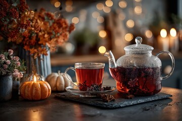 Glass teapot and cup of tea with autumn decor, cozy bokeh lights behind. Perfect for fall themed designs, invites, or illustrating a relaxing moment.