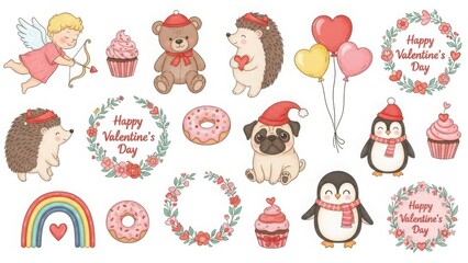 Collection of cute hand drawn valentine s day illustrations including animals cupid hearts and floral wreaths isolated on white background