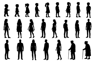 People of different ages silhouettes set. Vector flat illustrations of human age stages. From baby to senior silhouettes