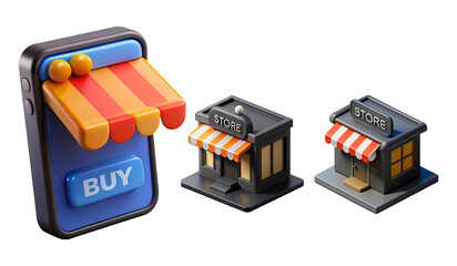 a vibrant depiction of miniature shops and a phone displaying a buy button creating a playful...