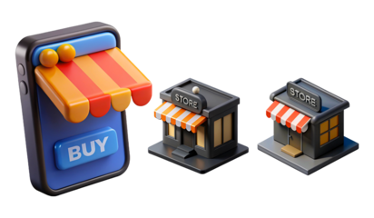 a vibrant depiction of miniature shops and a phone displaying a buy button creating a playful commerce scene high quality professional