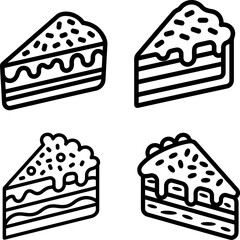 A set of four simple black and white vector icons showing different designs of layered cake slices topped with frosting sprinkles and drizzle. The style is bold and linear.