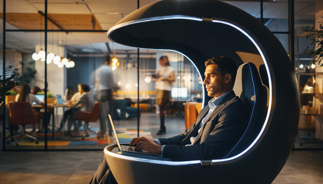 Executive Working in Modern Office Business Person Focused, Laptop, Ergonomic Chair, Futuristic Design, Stylish Workspace, Team in Background.