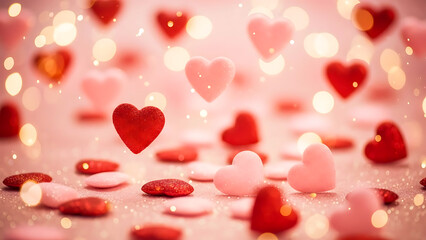 Soft focus romantic background with falling red and pink hearts and twinkling bokeh lights