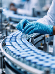 Close up of a pharmaceutical lab scientist pharmacist examining medical vials In a healthcare factory. Healthcare worker wearing blue PPE protective gloves	
