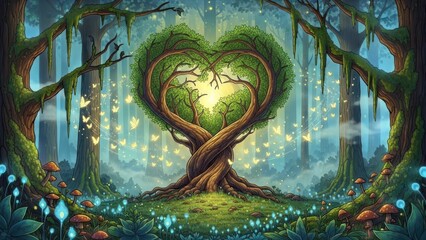 Enchanted heart shaped tree with glowing lights in a mystical forest isolated on white background