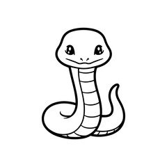 Fototapeta premium A simple black and white vector drawing of a cute happy friendly coiled cartoon snake mascot with large eyes and tongue flicking out. The style is childlike and minimalist.