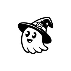 A simple black and white vector drawing of a cute surprised ghost mascot wearing a witch hat. The style is childlike and minimalist perfect for Halloween and spooky themes.