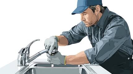 A plumber fixes the faucet in a kitchen sink