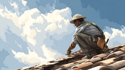 A roofer meticulously laying tiles on a rooftop under a bright sunny sky